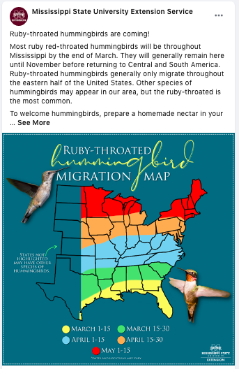 A Facebook post showing a ruby-throated hummingbird migration map.